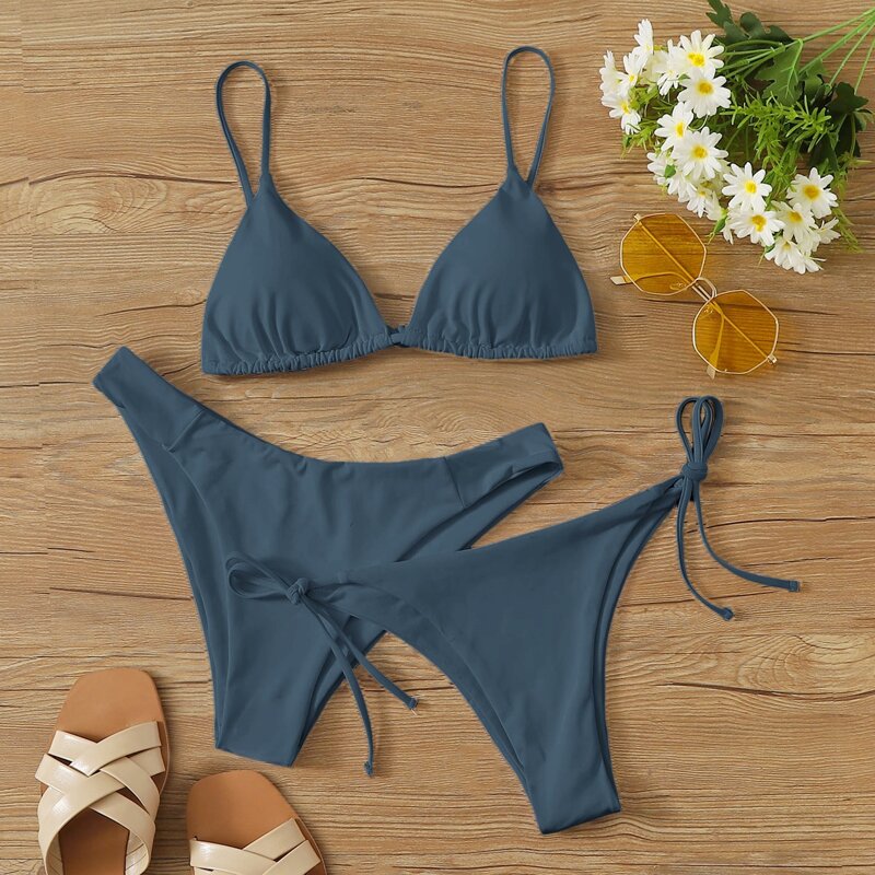 

3pack Triangle Tie Side Co-ord Bikini Swimsuit, Blue