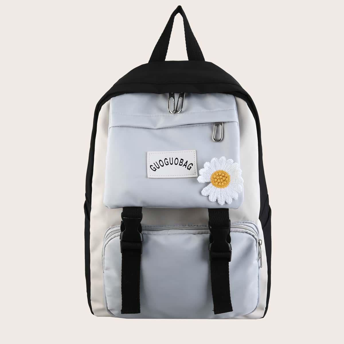 

Daisy Decor Buckle Front Color Block Backpack, Black