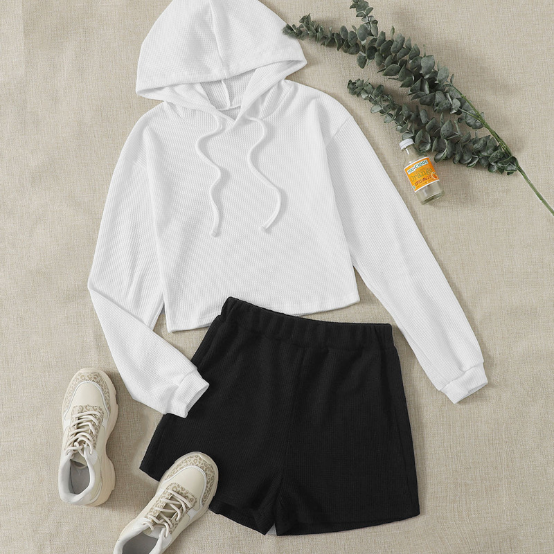 

Solid Rib Hoodie & Shorts, Black and white