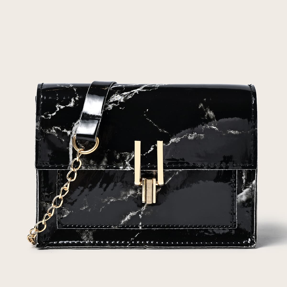 

Marble Print Chain Crossbody Bag, Black