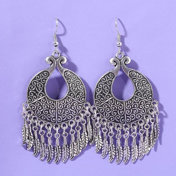 

Bohemian Round Engraved Decor Leaf Tassel Drop Earrings, Silver