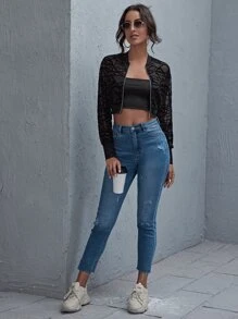 SHEIN ChicEase 拉鏈網紗夾克 - 黑色 - 查看 4