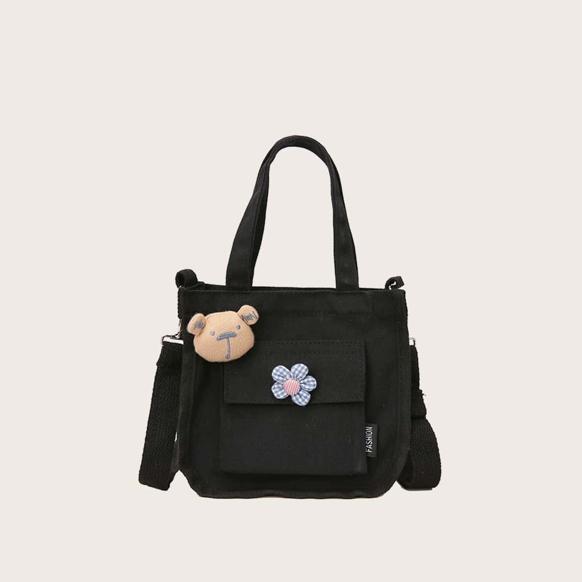 

Floral Canvas Tote Bag, Black