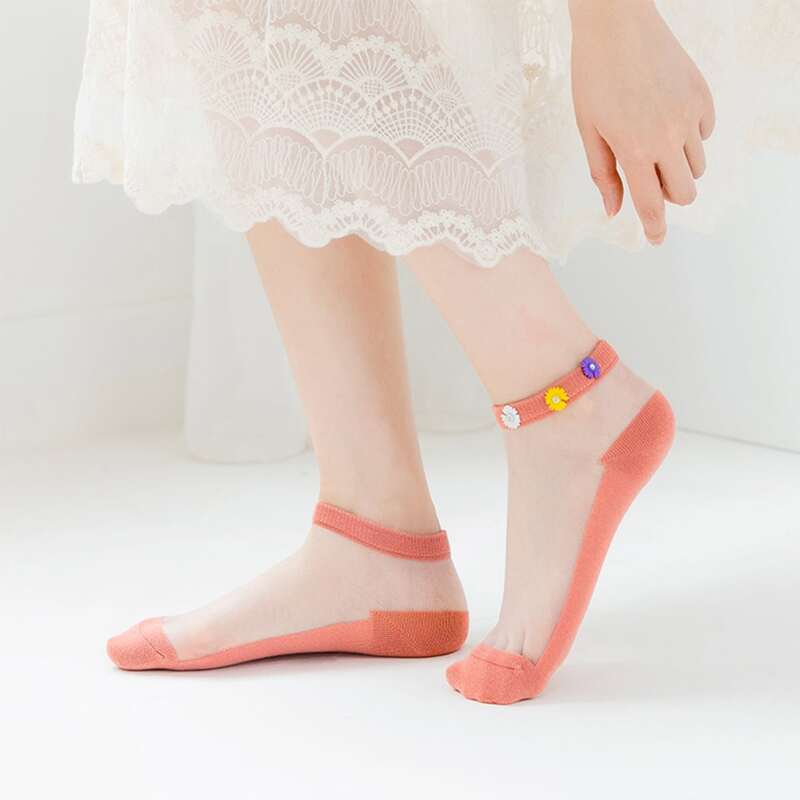 

1pair Daisy Decor Mesh Socks, Watermelon pink