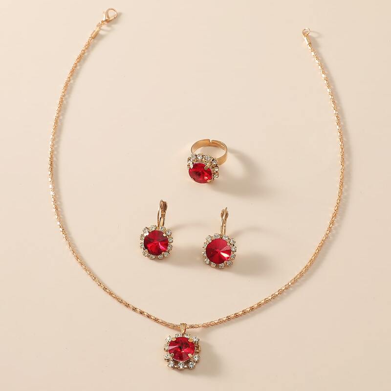 

4pcs Gemstone Decor Jewelry Set, Red