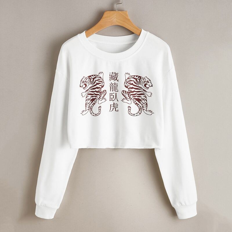 

Chinese Slogan Graphic Crop Sweatshirt, White