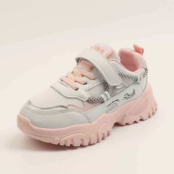

Girls Chinese Letter Graphic Mesh Panel Chunky Sneakers, Pink