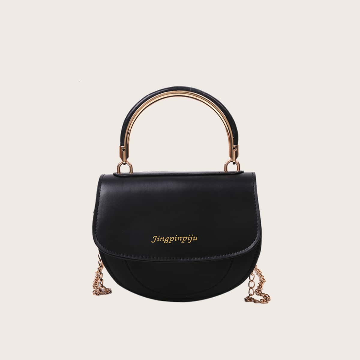

Ring Handle Chain Satchel Bag, Black