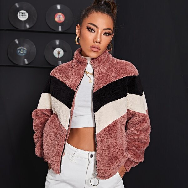 

O-ring Zipper Fly Chevron Teddy Jacket, Dusty pink