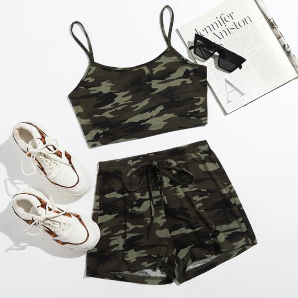 

Camo Crop Cami Top & Tie Waist Track Shorts Set, Multicolor