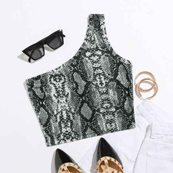 

One Shoulder Snakeskin Print Crop Top, Multicolor