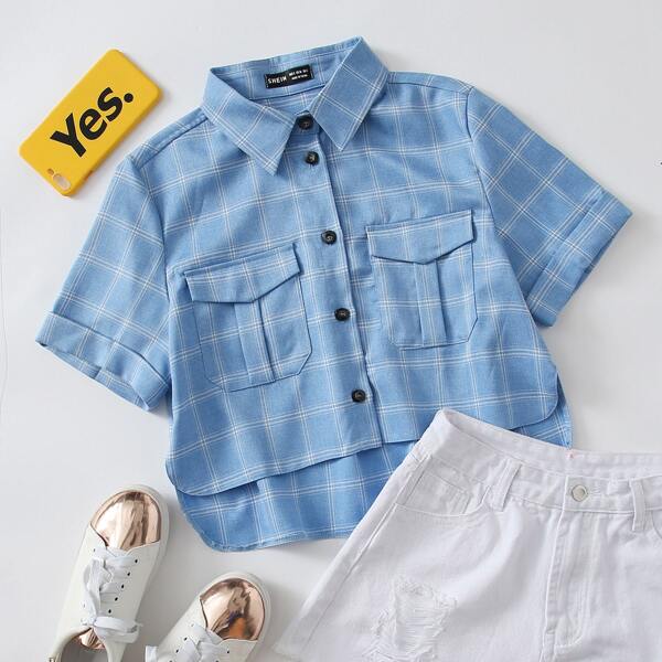 

Button Front High Low Hem Plaid Top, Blue