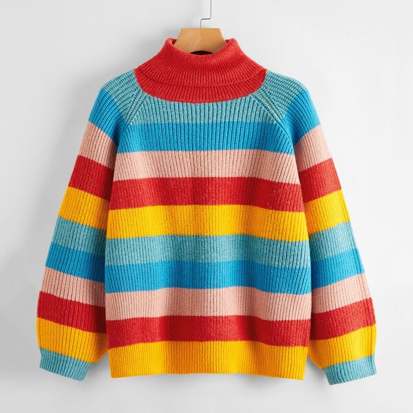 

Turtleneck Raglan Sleeve Colorful Striped Sweater, Multicolor