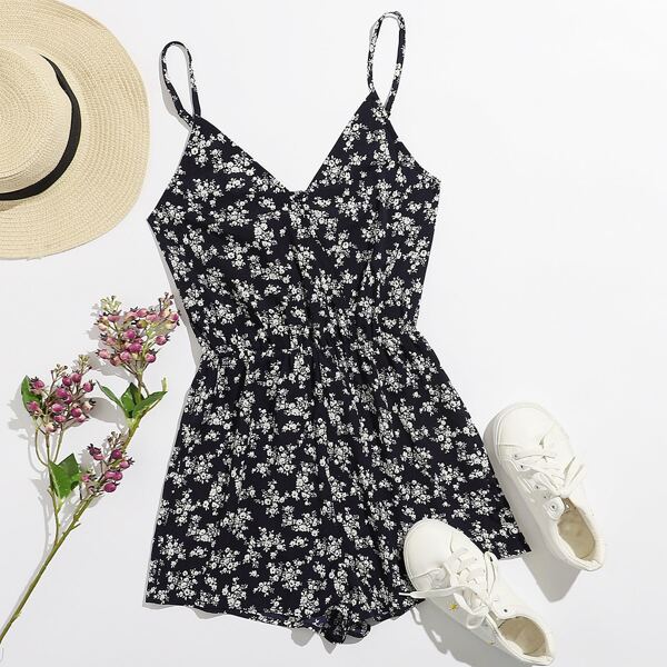 

Surplice Neck Floral Print Slip Romper, Black