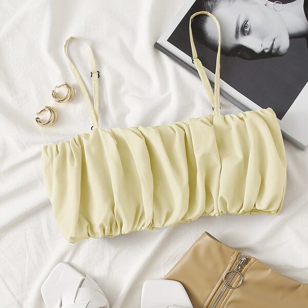 

Solid Crop Ruched Cami Top, Khaki