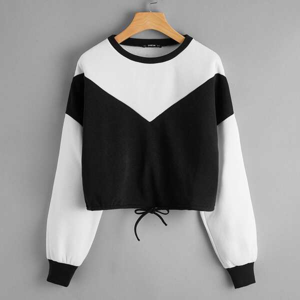 

Color Block Drawstring Thermal Lined Pullover, Black and white