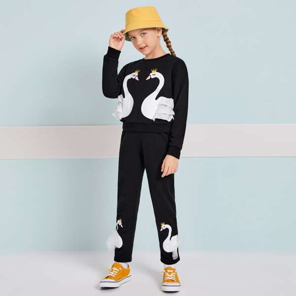 

Girls Swan Print Applique Detail Pullover & Sweatpants Set, Black