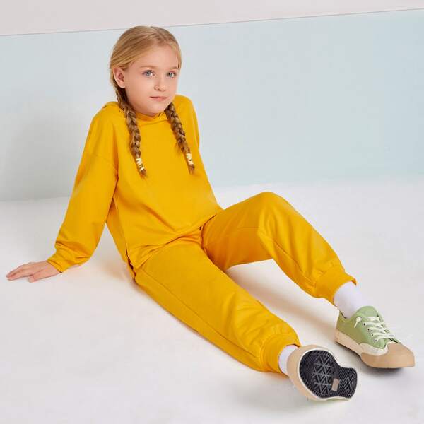 

Girls Solid Hoodie & Joggers Set, Mustard yellow