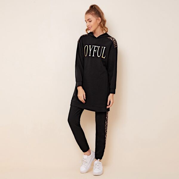 

Leopard Panel Letter Graphic Hoodie & Joggers Set, Black
