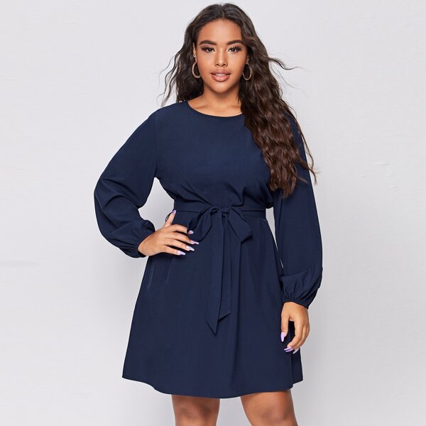 

Plus Bishop Sleeve Self Tie Dress, Navy blue