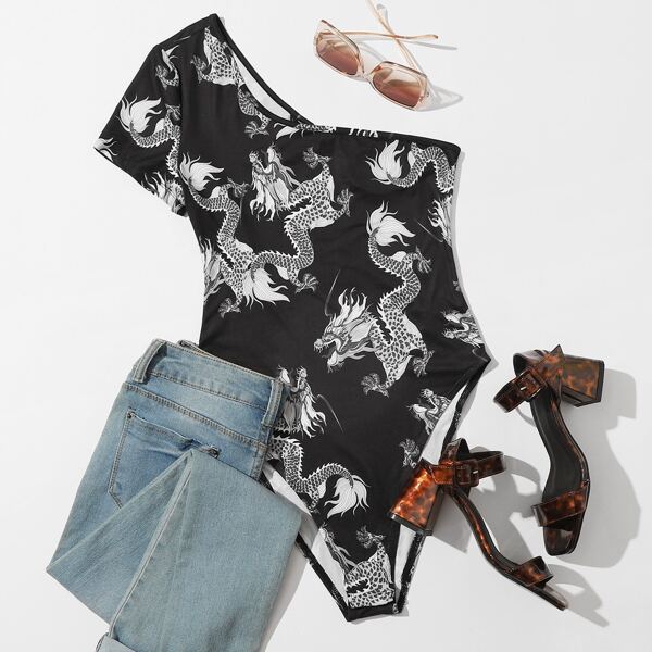 

Plus Chinese Dragon Print One Shoulder Bodysuit, Black