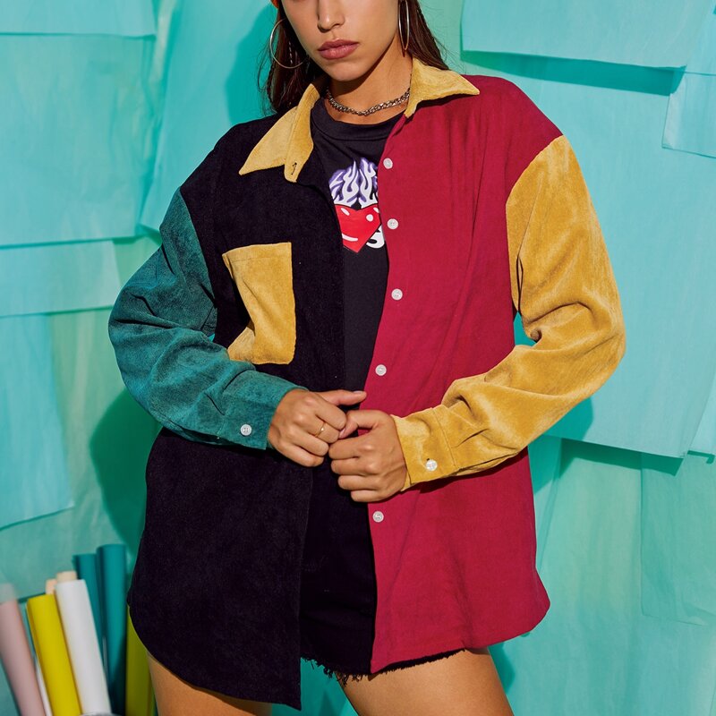 

Colorblock Corduroy Oversized Shacket, Multicolor