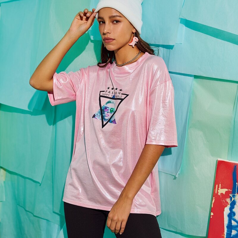 

Figure Graphic Boyfriend Holographic Tee, Baby pink