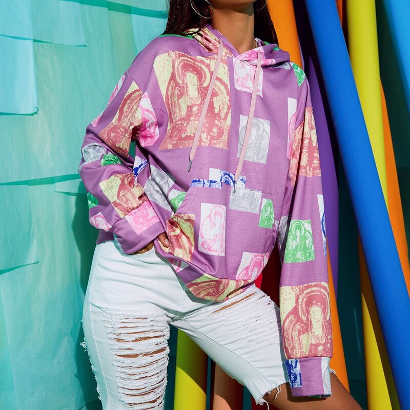 

Kangaroo Pocket Graphic Print Hoodie, Multicolor
