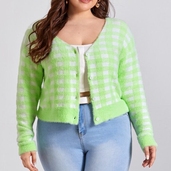 

Plus Gingham Button Front Cardigan, Green pastel