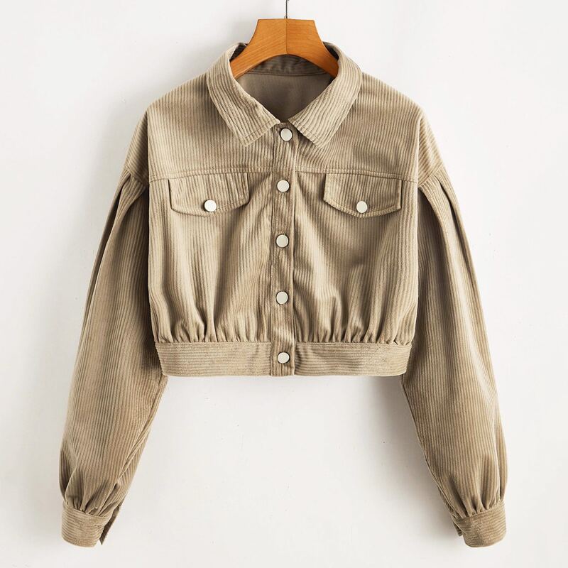 

Button Front Corduroy Crop Jacket, Khaki