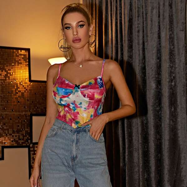 

Bow Front Asymmetrical Hem Tie Dye Cami Top, Multicolor