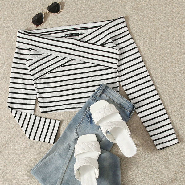 

Foldover Off Shoulder Rib-knit Striped Tee, White