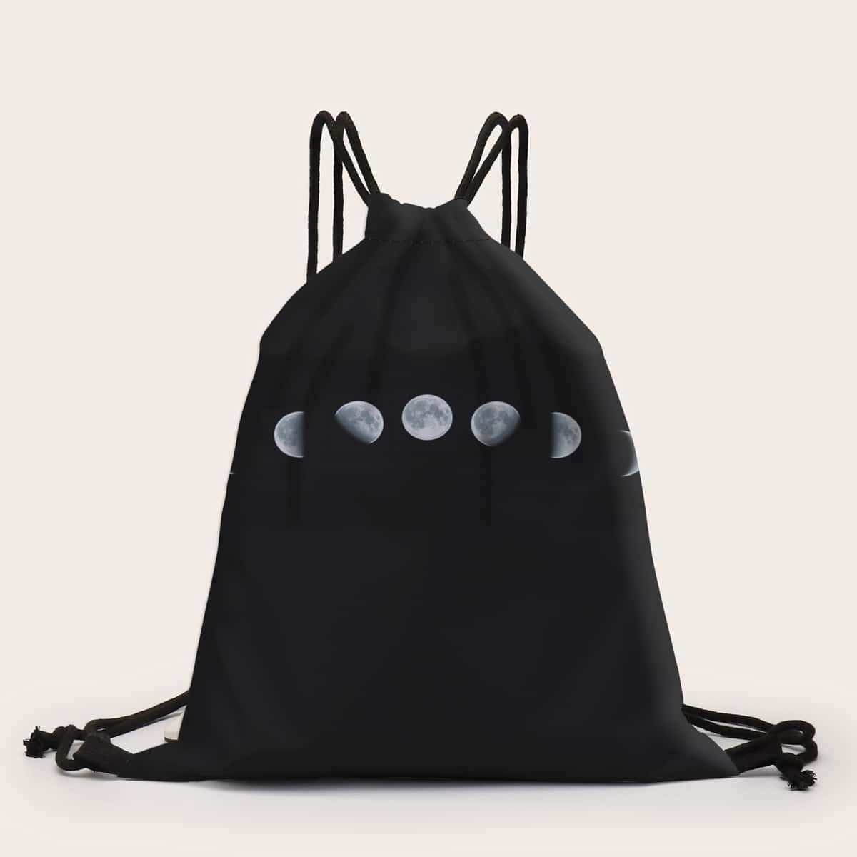 

Moon Print Drawstring Backpack, Black