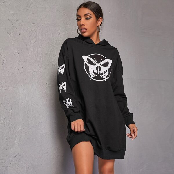 

Butterfly Print Drop Shoulder Hooded Sweatshirt Dress, Black