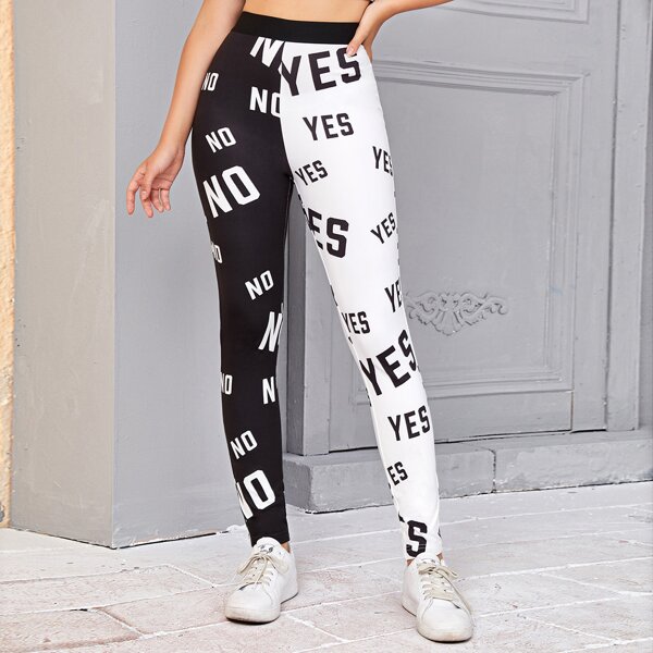

Letter Graphic Colorblock Leggings, Black and white