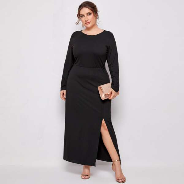 

Plus Split Thigh Cut Out Back Dress, Black