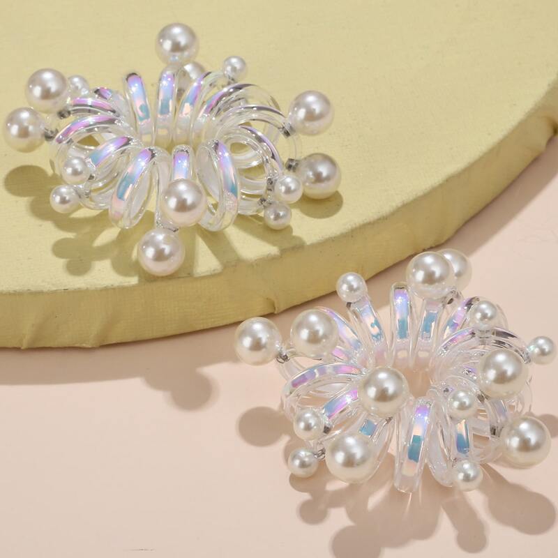 

1pc Pearl Decor Laser Coil Hair Tie, White