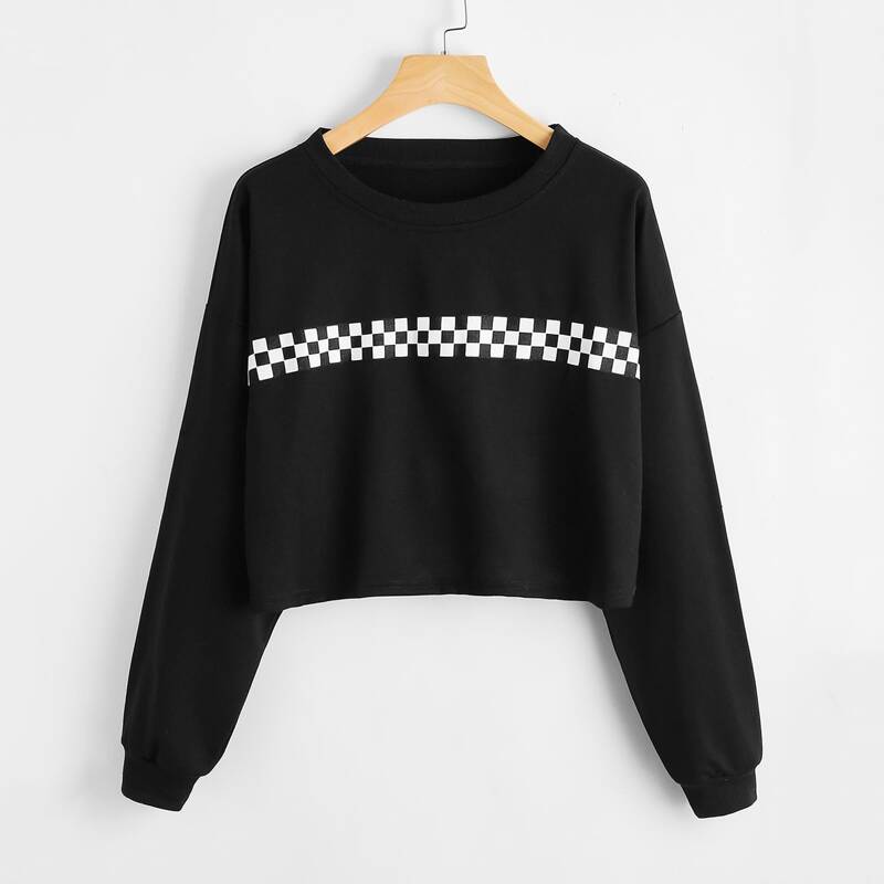 

Checkerboard Panel Crop Sweatshirt, Black