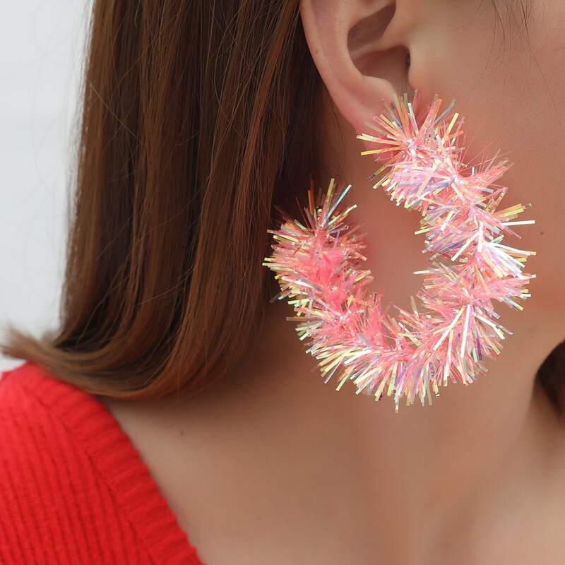 

Christmas Colorful Ribbon Hoop Earrings, Pink