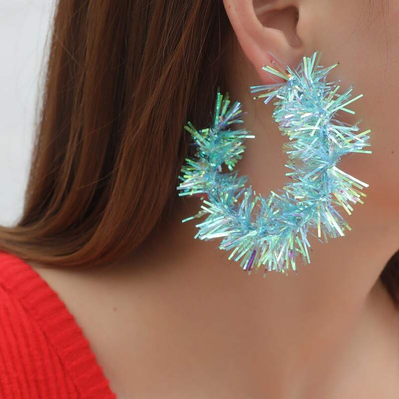 

Christmas Colorful Ribbon Hoop Earrings, Blue