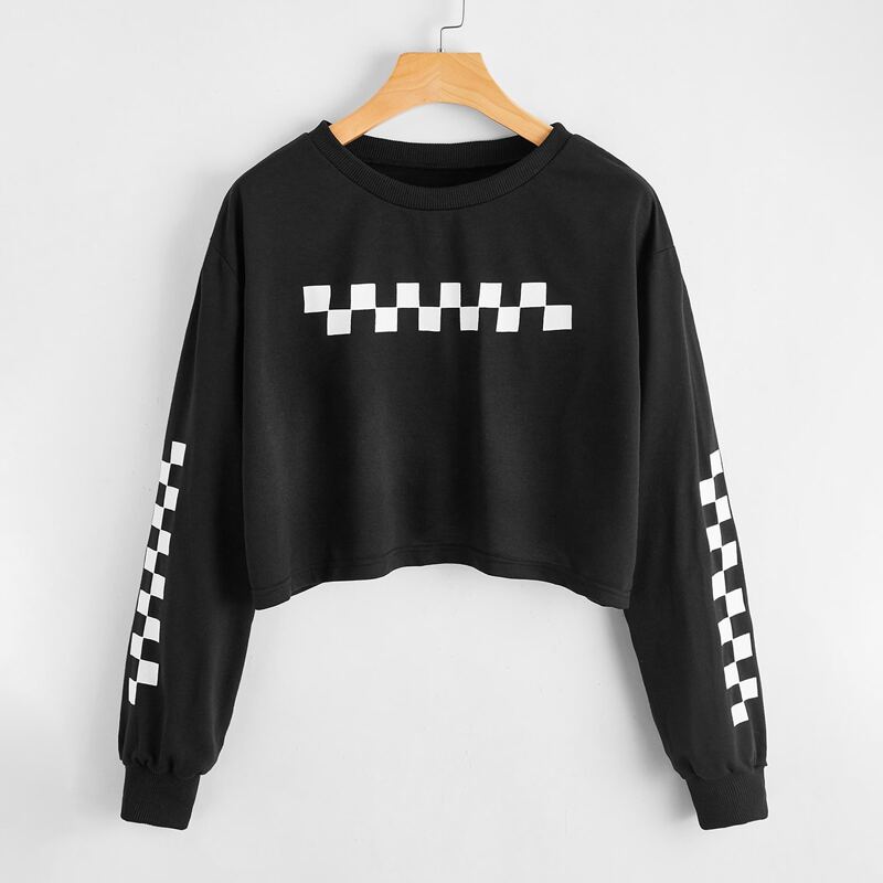 

Checkerboard Print Crop Sweatshirt, Black