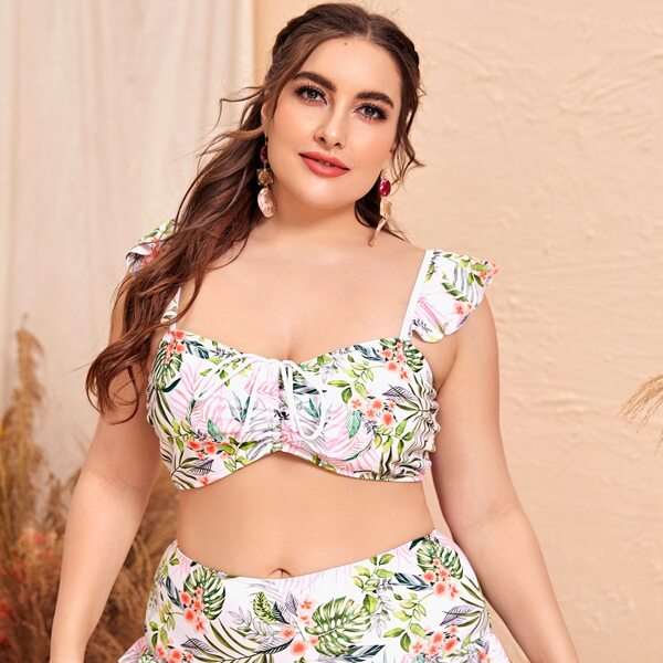 

Plus Floral & Tropical Ruffle Trim Bikini Swimsuit, Multicolor