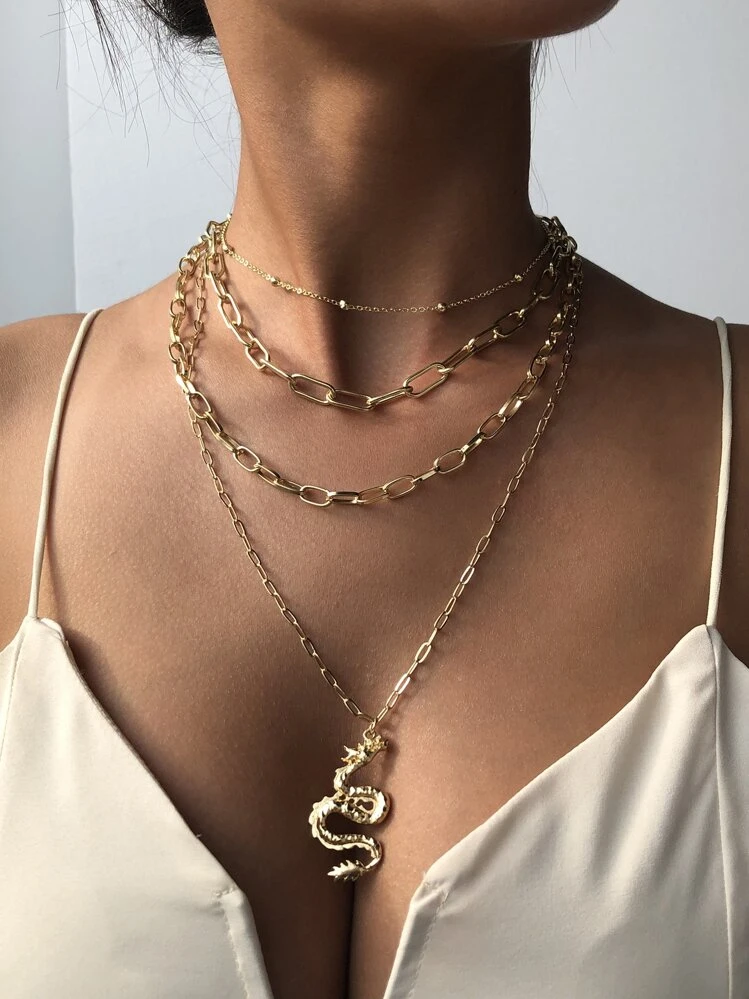 Chinese Dragon Charm Layered Chain Necklace - Yellow Gold - View 1