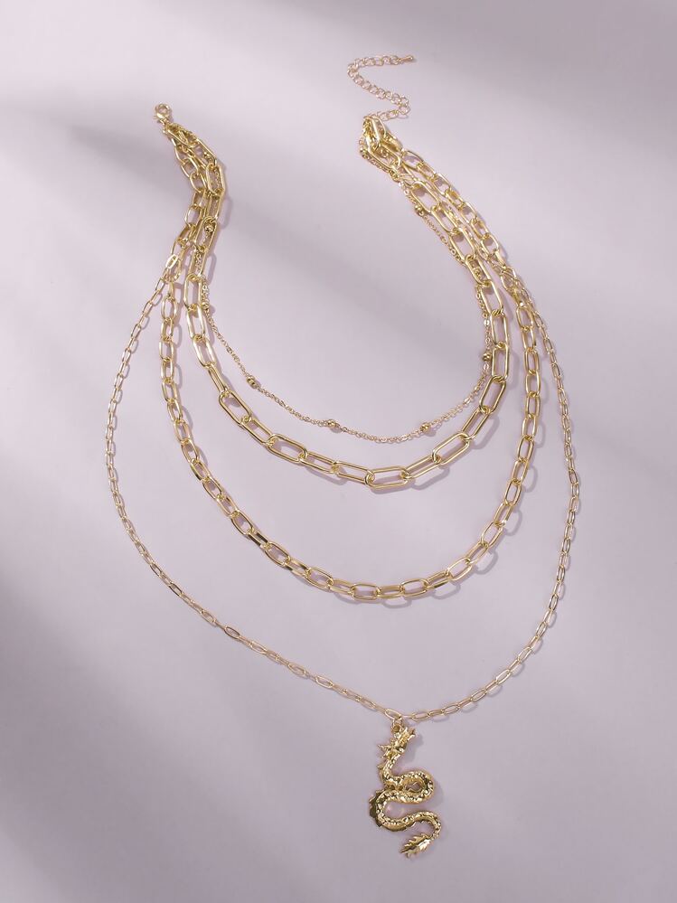 Chinese Dragon Charm Layered Chain Necklace - Yellow Gold - View 2