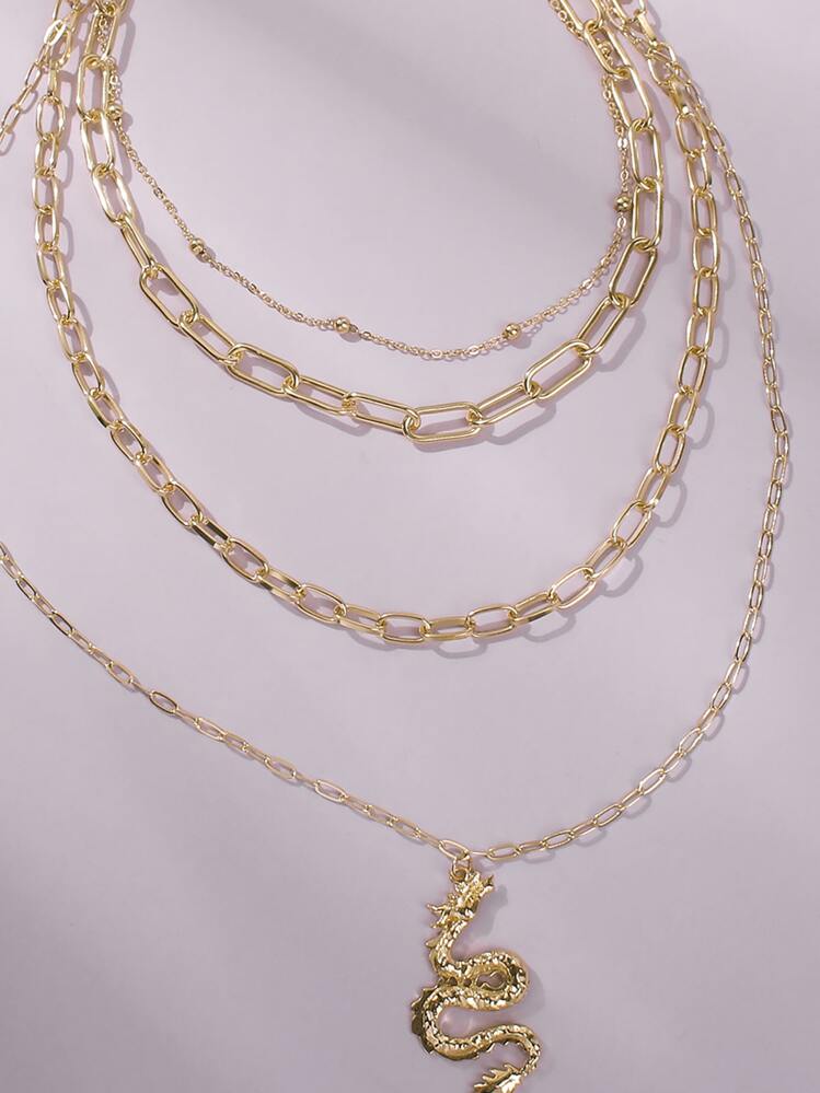Chinese Dragon Charm Layered Chain Necklace - Yellow Gold - View 3