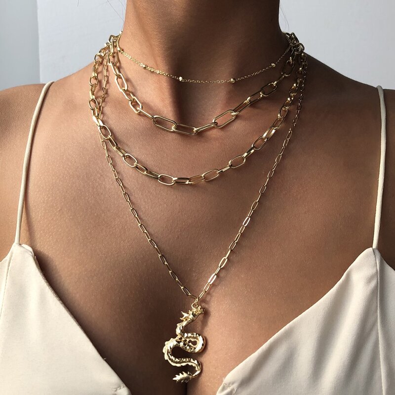 

Chinese Dragon Charm Layered Chain Necklace, Gold