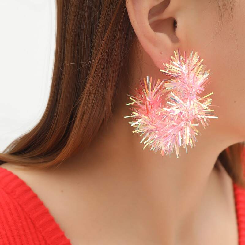

Christmas Colorful Ribbon Hoop Earrings, Pink