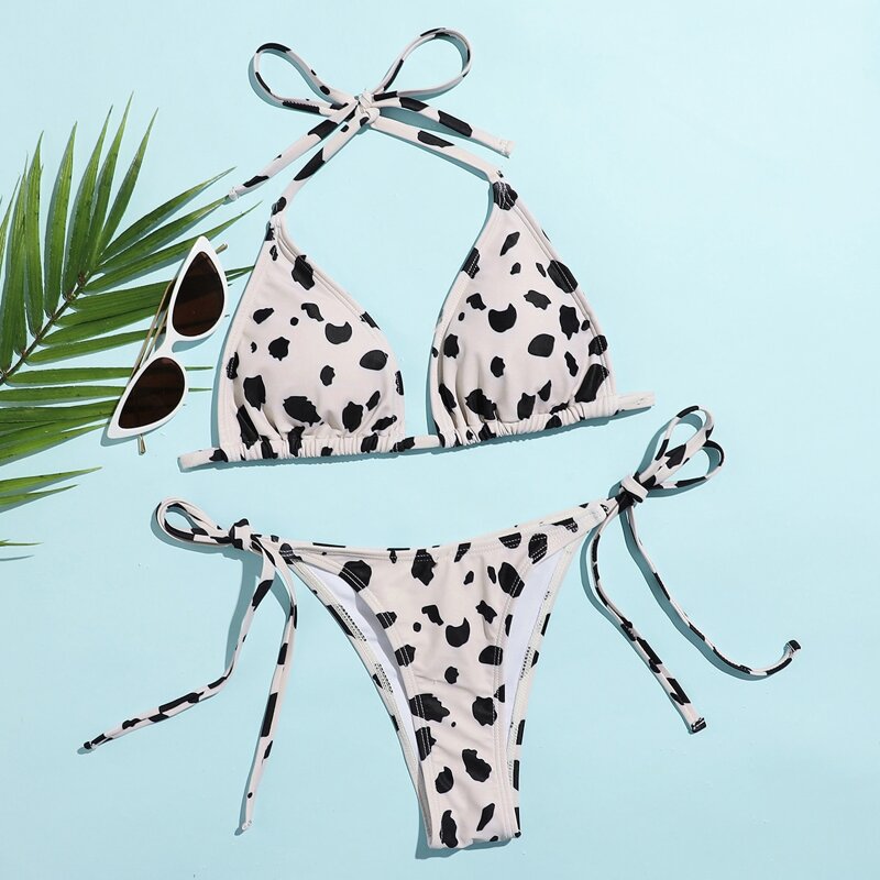 

Cow Print Triangle Thong Bikini Swimsuit, Black and white