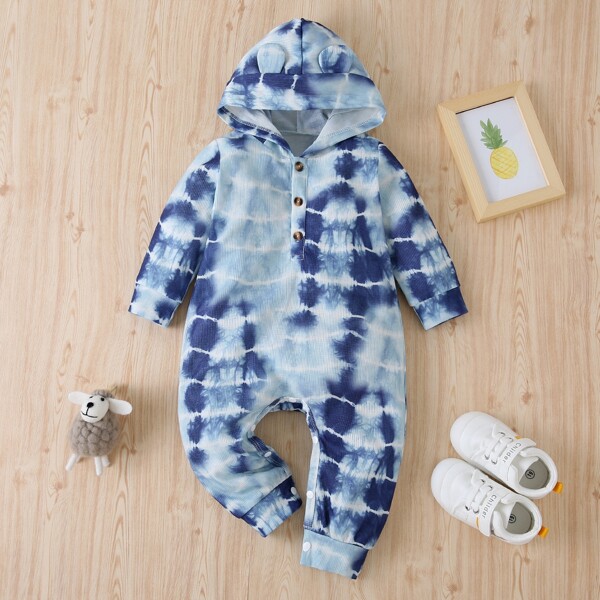 

Baby Boy Tie Dye Button Front Hooded Jumpsuit, Blue and white
