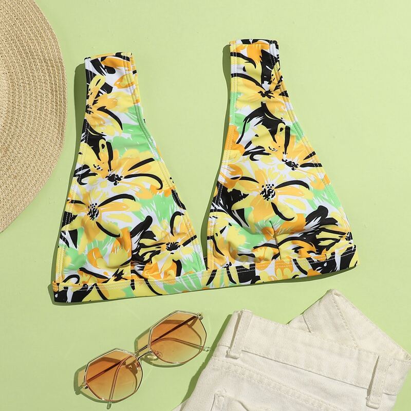 

Floral Plunge Neck Bikini Top, Multicolor
